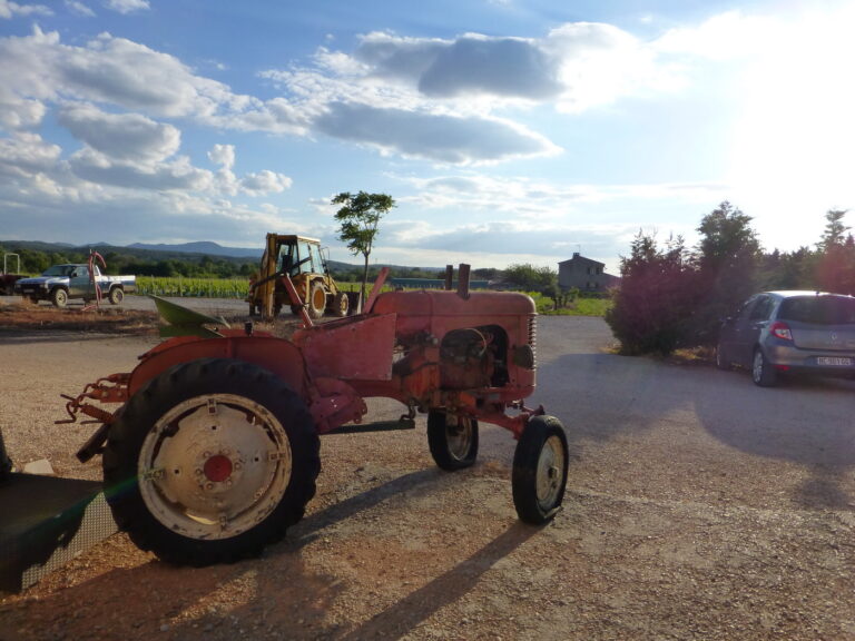 Stimmungsvoller Sonnenuntergang auf dem Weingut mit rotem Traktor - Tauchen Sie ein in die Welt des Weins mit Vinvac!